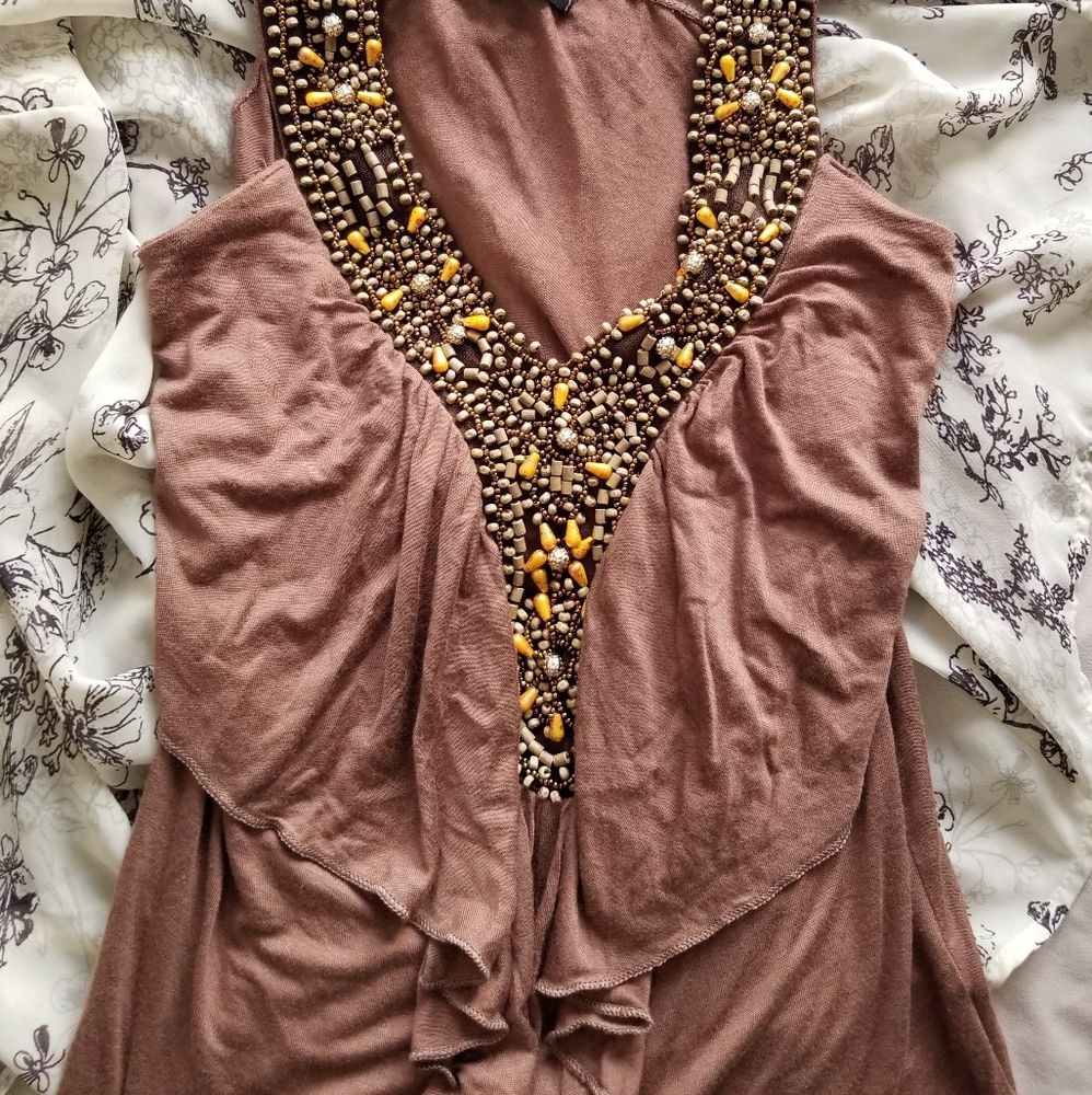VENUS beaded layered tan beige tank.  Size Large L
